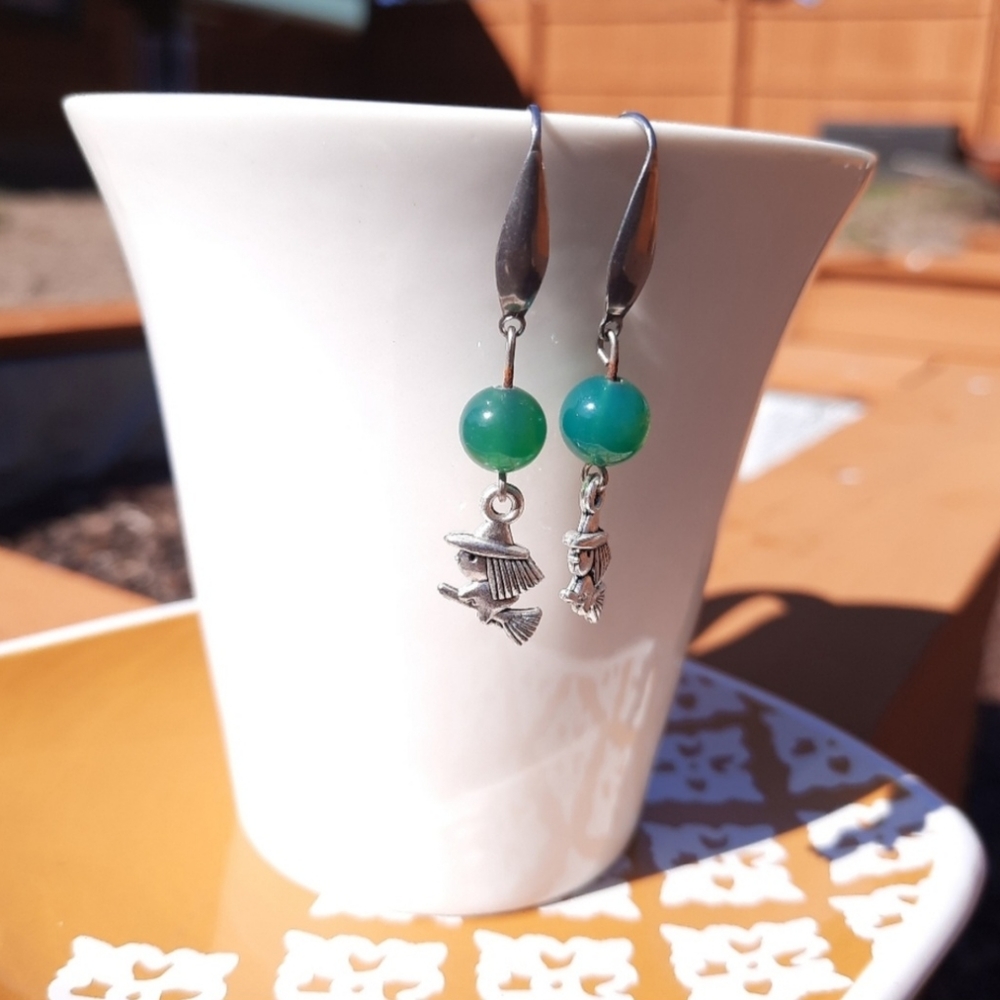 Green Agate & Witch Dangle Earrings